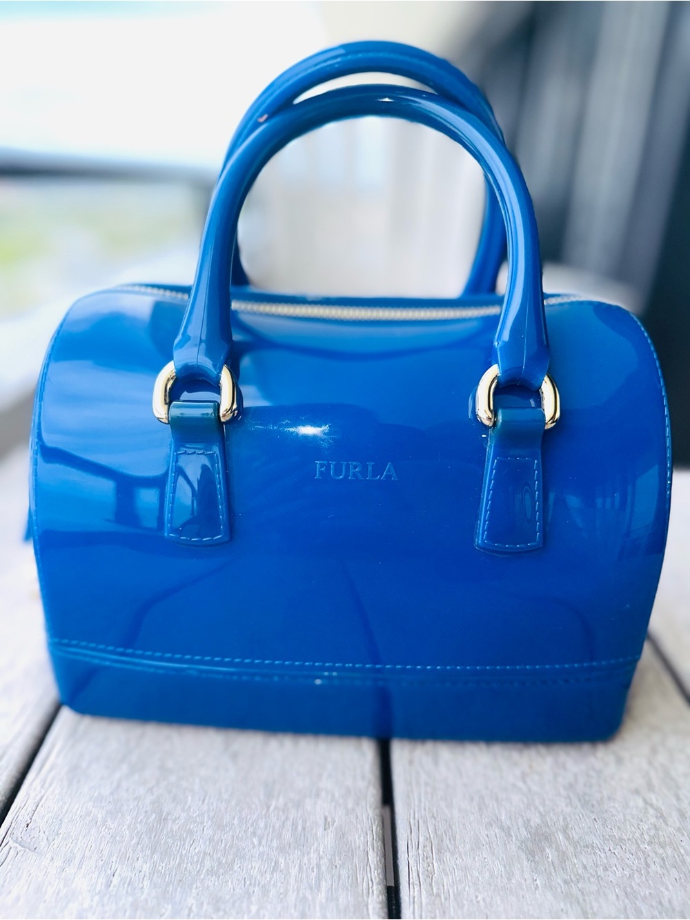 Furla Candy Bag Dome Satchel | Cobalt Blue Glossy PVC | Made in Italy -Excellent - Picture 10 of 12
